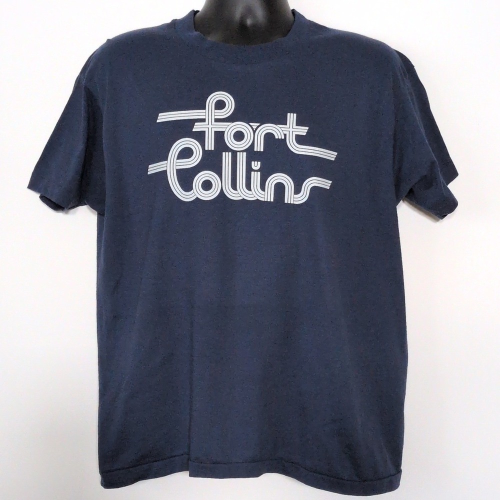Vintage Screen Stars Fort Collins T Shirt Navy Blue Single Stitch XL 80s USA